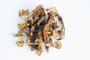 Pile of dry mushroom chips isolated