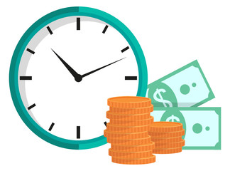Clock with stack of golden coins and two banknotes with dollar sign. Time is money. Bank currency, money, savings, cash isolated on white. Time management vector