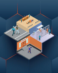 isometric concept compositions with investigation convict vector illustration 