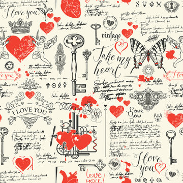 Fototapeta Vector seamless background on the theme of Declaration of love and Valentine day in retro style. Abstract background with red hearts, butterflies, keys, keyholes, cupids and handwritten inscriptions