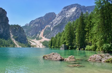 Beautiful alpine scenery - Lago di Braies (Pragser wildsee), Dolomites Italy