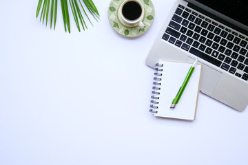 White office desk table, top view or flat lay