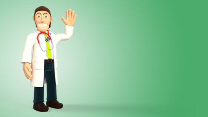 Cartoon doctor wearing a stethoscope waving an hello sign with his hand on a green gradient background 3d rendering