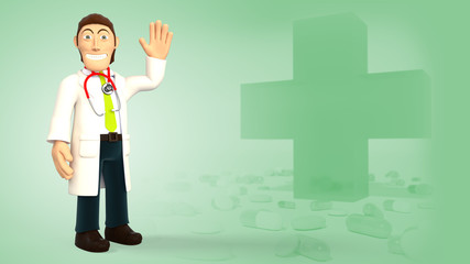 Cartoon doctor wearing a stethoscope waving an hello sign with his hand on a green background with medical cross and pills 3d rendering