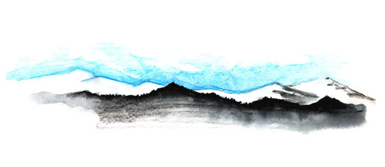 Abstract watercolor drawing with mountain landscape. Series of mountain chains - dark and forested in front of snowy one - isolated on white background. Hand drawn illustration on paper texture.