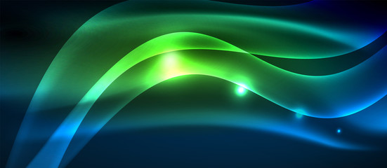 Glowing abstract wave on dark, shiny motion, magic space light. Techno abstract background
