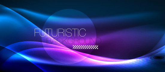 Glowing abstract wave on dark, shiny motion, magic space light. Techno abstract background