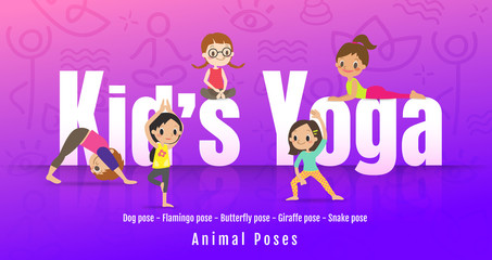 Young kids in different yoga poses, Children doing yoga with animal posture. Vector cartoon illustration.