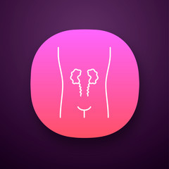 Ill kidneys app icon. Sore human organ. Unhealthy urinary system. Nephropathy. Sick internal body part. Kidney failure. UI/UX user interface. Web or mobile application. Vector isolated illustration