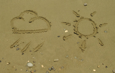 Sun and cloud shape drawings on the wet sand