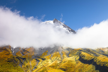 volcano Taranaki covered in clouds, New Zealand