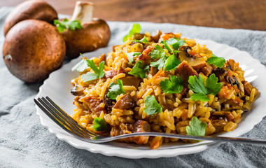 meat with Rice, mushroom and vegetables in white plate on wooden table background
