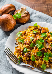 meat with Rice, mushroom and vegetables in white plate on wooden table background