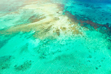 Fototapeta na wymiar Bright lagoon with clear water and corals, top view. Sea surface above the sea atoll. Seascape.