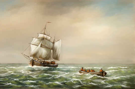 Oil paintings landscape, fine art, fishermen, old ship in the sea. Fine art.
