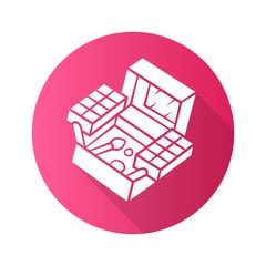 Cosmetic box flat design long shadow glyph icon. Feminine fashion accessory vector silhouette illustration. Professional makeup artist equipment. Compact case with eyeshadow palette and powder brush