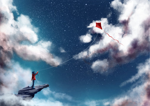 Girl standing on mountain top, flying a kite - Dreamy Fantasy concept