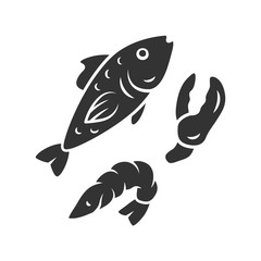 Seafood glyph icon. Omega 3 source products. Gourmet meal, healthy food. Silhouette symbol. Boiled prawn, salmon dish ingredients. Negative space. Fish, shrimp and lobster claw isolated illustration