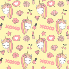 cute lovely seamless vector pattern background illustration with unicorn, seashell, stars, nail polish, flowers, lipstick, diamond and cherries