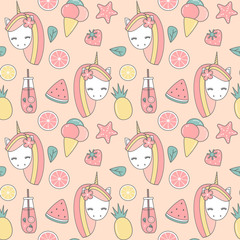 cute lovely summer seamless vector pattern background illustration with unicorn, pineapples, ice cream, watermelon slice, strawberry, juice and starfishes