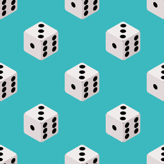 Dice seamless pattern. Board game repeating design. cubes wallpaper on blue background. Casino, gambling backdrop. illustration vector EPS