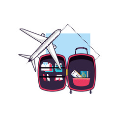 travel suitcase equipment with airplane flying