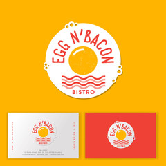 Eggs and Bacon logo. Cafe or restaurant emblem. Eggs Fork, spoon and fried eggs with bacon in the yellow background. Business card for delivery. Street food icon.