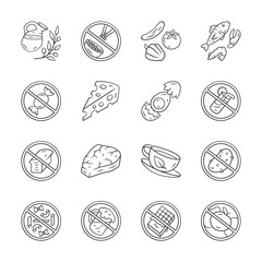 Keto diet linear icons set. Low carbs and high protein products. Thin line contour symbols. Alcohol, sugar free food. Fish, veggies, herbal drink isolated vector outline illustrations. Editable stroke