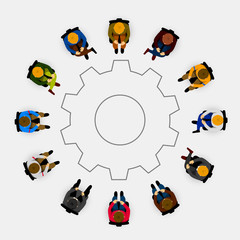 People sitting in a circle on white background.