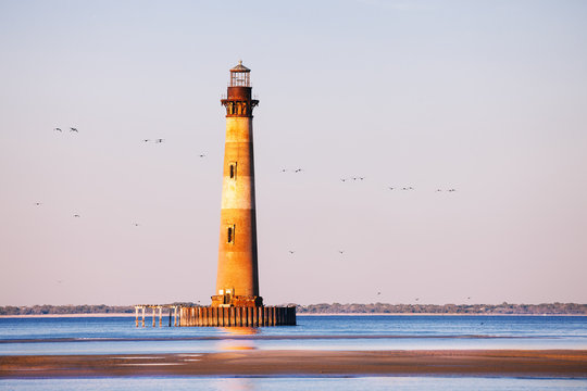 Morris Island Lighthouse at sunrise, South Carolina, USA