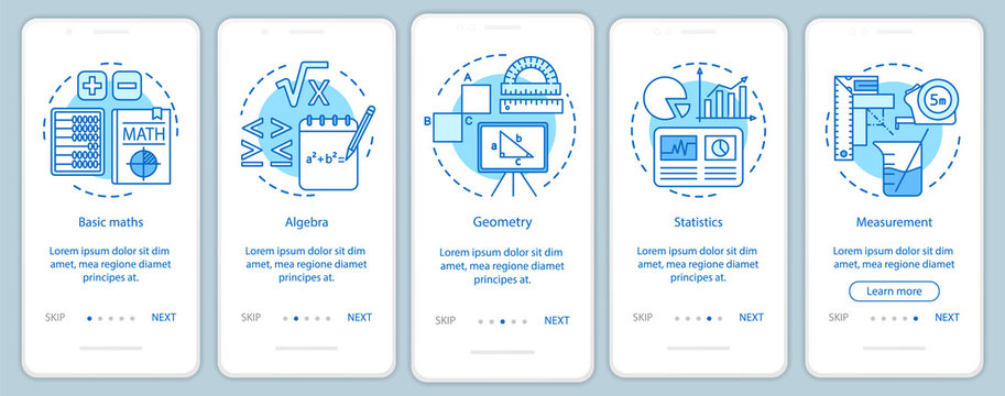 Learning maths course, educational tool onboarding mobile app page screen vector template. Walkthrough website five steps with linear illustrations. UX, UI, GUI smartphone interface concept