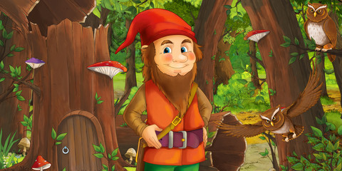 cartoon scene with happy dwarf in the forest near some house in the old tree and near some owls birds - illustration for children