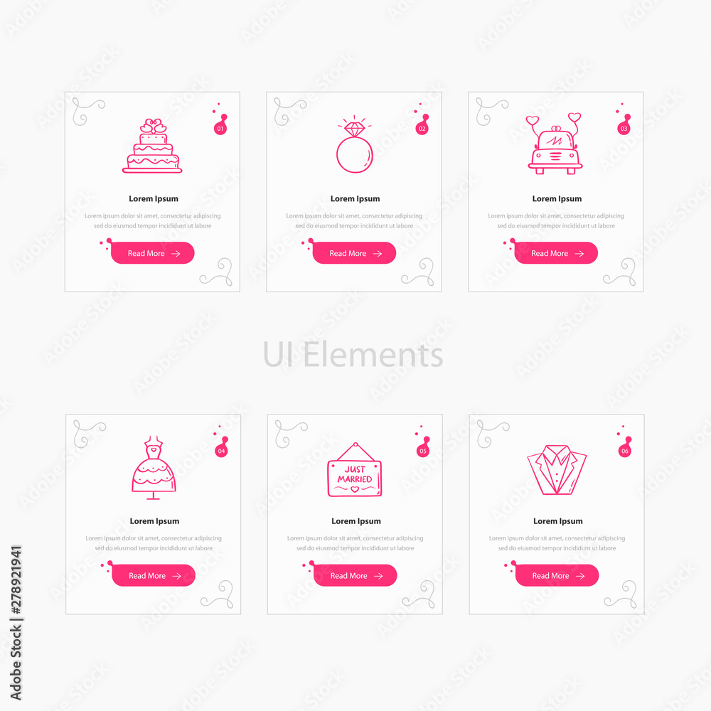 Wall mural wedding web cards template with text and icon. website and application cards design templates collec