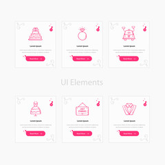 Wedding web cards template with text and icon. Website and application cards design templates collection. Ui elements