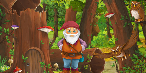 cartoon scene with happy dwarf in the forest near some house in the old tree and near some owls birds - illustration for children