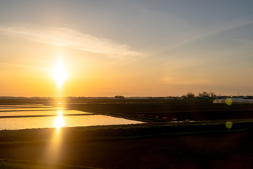 Fototapeta na wymiar Scenic countryside sunset landscape with a reflection paddy farmland field. Aomori Prefecture rural landscape in Japan