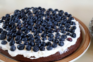 Chocolate cake with whipped cream and blueberries. Selective focus.