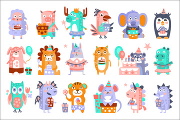 Stylized Funky Animals Birthday Party Sticker Set
