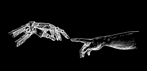 Hands of Robot and Human hands touching with fingers, Virtual Reality or Artificial Intelligence Technology Concept - Hand Draw Sketch Design illustration.