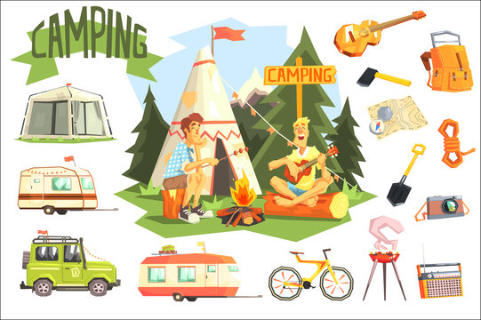 Two Guys Enjoying Camping In Forest Surrounded By Related Objects Icons