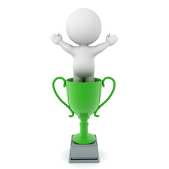 3D Character standing victorious inside green trophy
