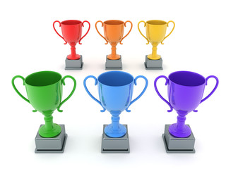3D Rendering of multiple colored trophy cups