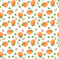 Watercolor pumpkins seamless pattern on white fone. Hand draw illustration. Perfect for craft projects, paper products, party decorations, printable, greetings cards, posters, the invitations.