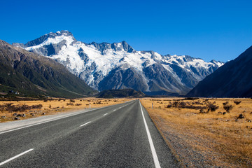 The main tourist road into the Tasman Valley and the famous Aoraki/Mount Cook National Park in New Zealand.