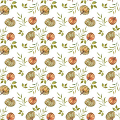 Watercolor pumpkins seamless pattern on white fone. Hand draw illustration. Perfect for craft projects, paper products, party decorations, printable, greetings cards, posters, the invitations.