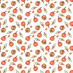 Watercolor pumpkins seamless pattern on white fone. Hand draw illustration. Perfect for craft projects, paper products, party decorations, printable, greetings cards, posters, the invitations.