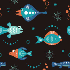 Naklejka premium seamless pattern with unusual colorful fishes, sea fantasy creatures, black background 
