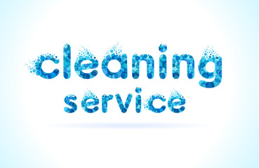 Cleaning service lettering concept design for web banners or poster. Home cleaner company text with water drops, housework vector illustration