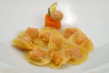 Italian food recipes, pumpkin filled tortelli handmade pasta.