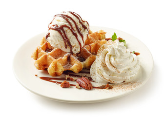 belgian waffle with cream and ice cream